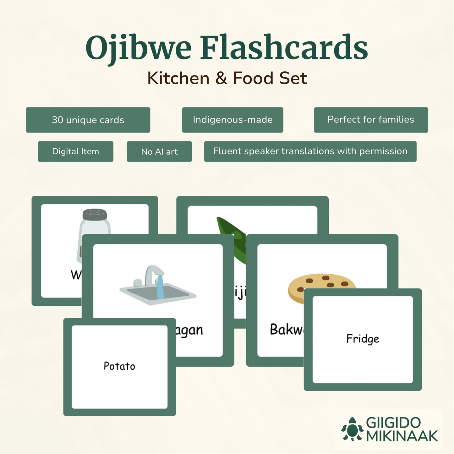 Ojibwe Kitchen & Food Flashcards, 30 Words - Giigido Mikinaak
