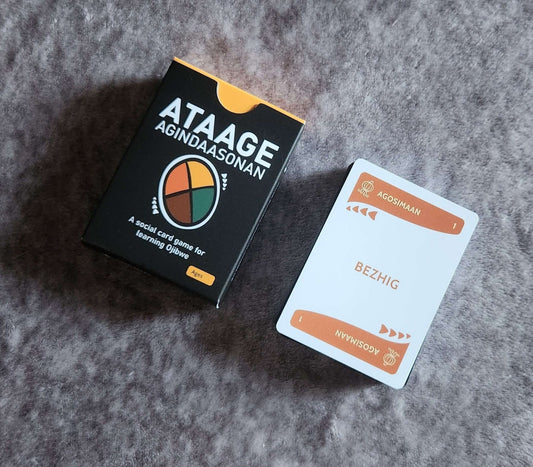 Ataage Agindaasonan an Ojibwe card deck and cards on a grey surface