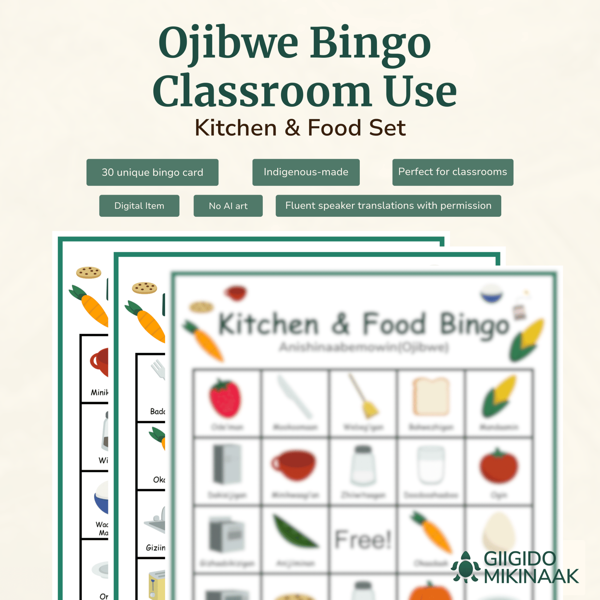 Ojibwe Bingo for Classrooms 30 Cards - Kitchen & Food - Giigido Mikinaak