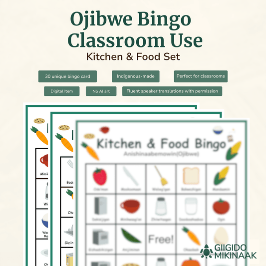 Ojibwe Bingo for Classrooms 30 Cards - Kitchen & Food - Giigido Mikinaak