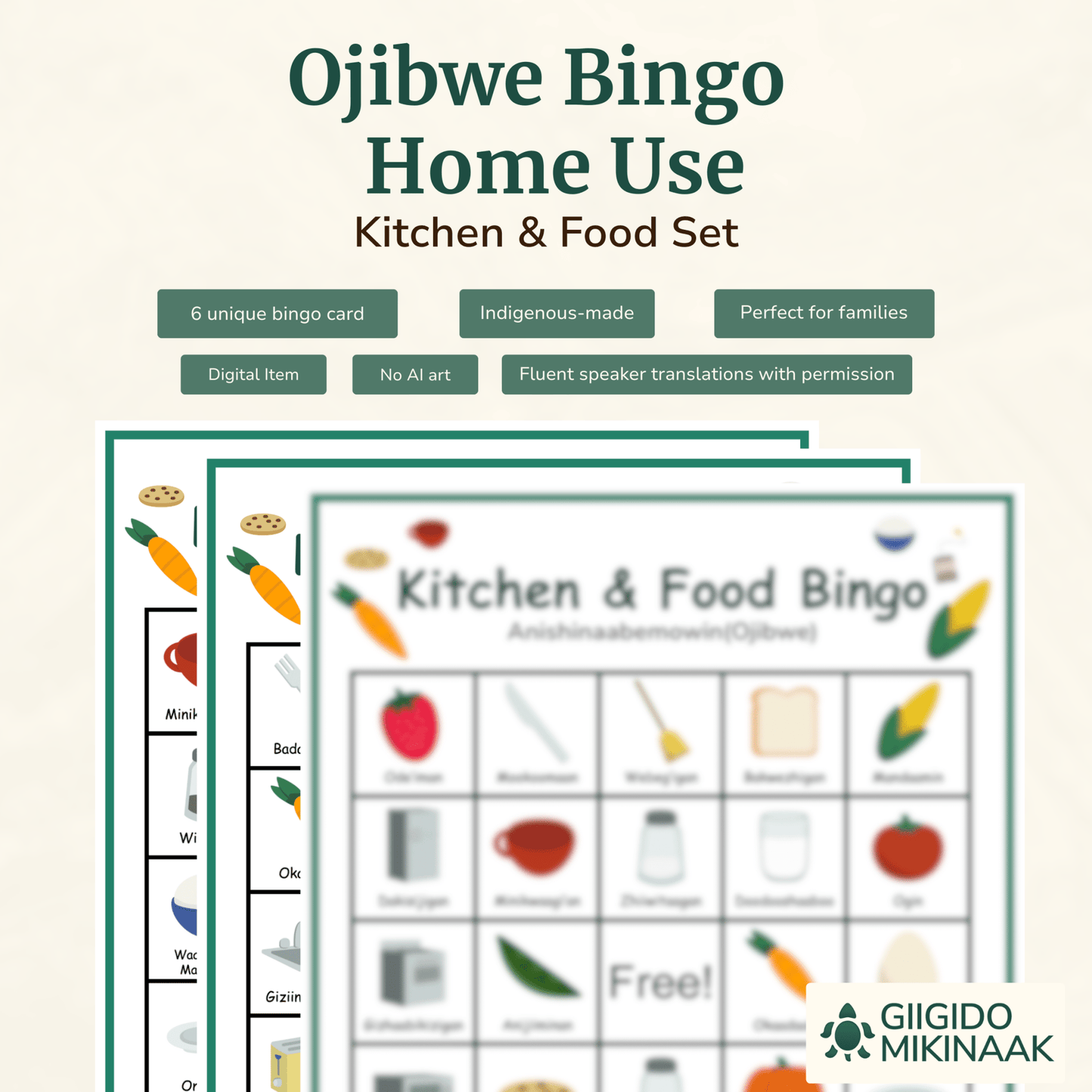 Ojibwe Bingo for Home 6 Cards - Kitchen & Food - Giigido Mikinaak