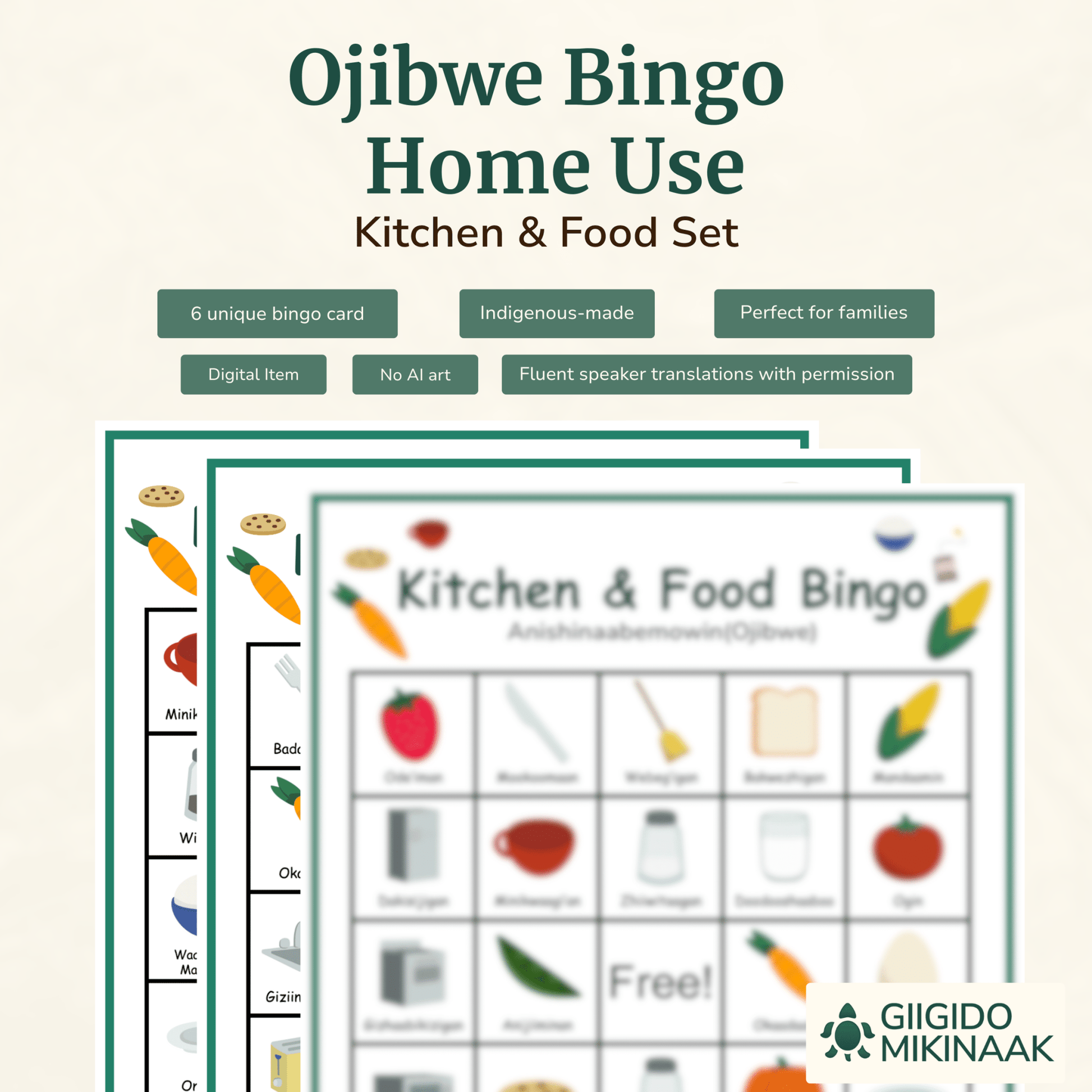 Ojibwe Bingo for Home 6 Cards - Kitchen & Food - Giigido Mikinaak